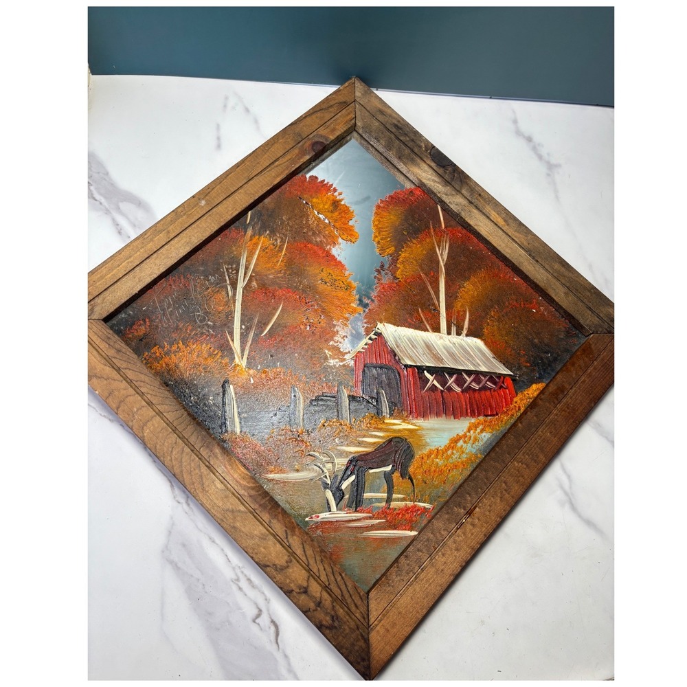 Vintage 1986 Signed Mirror Painting Covered Bridge Deer Frame Rustic Wall Decor